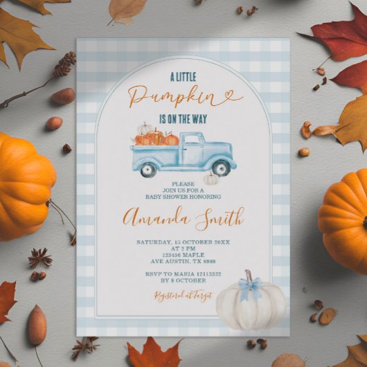 Eine kleine Pumpkin Blue Truck Gingham Baby Dusche Einladung