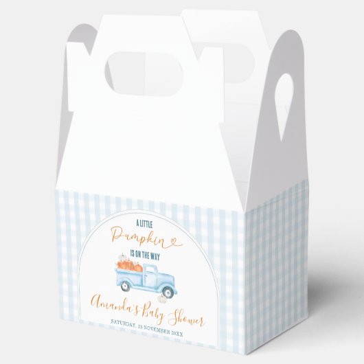 Eine kleine Pumpkin Blue Truck Gingham Baby Dusche Geschenkschachtel (Geöffnet)