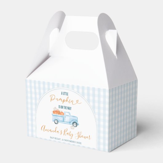 Eine kleine Pumpkin Blue Truck Gingham Baby Dusche Geschenkschachtel (Vorderseite)