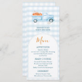 Eine kleine Pumpkin Blue Truck Gingham Baby Dusche Menükarte (Vorne/Hinten)