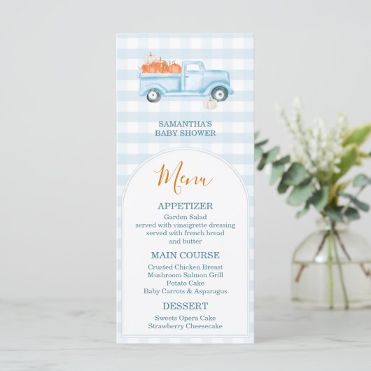 Eine kleine Pumpkin Blue Truck Gingham Baby Dusche Menükarte (Stehend Vorderseite)