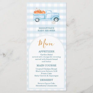 Eine kleine Pumpkin Blue Truck Gingham Baby Dusche Menükarte