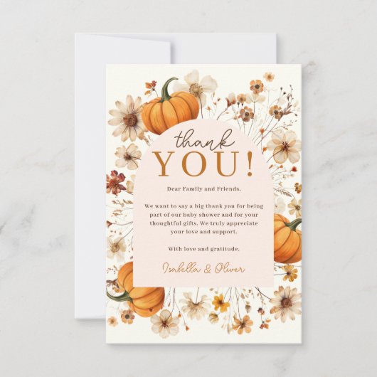 Eine kleine Pumpkin Fall Baby Dusche Danke Karte (Vorderseite)