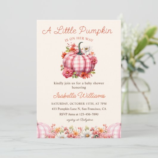 Eine kleine Pumpkin Fall Floral Baby Dusche Einladung (Stehend Vorderseite)