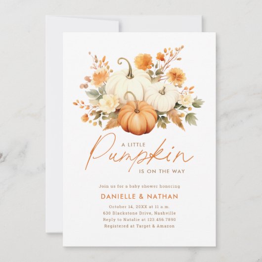 Eine kleine Pumpkin Fall Floral Baby Dusche Einladung (Vorderseite)