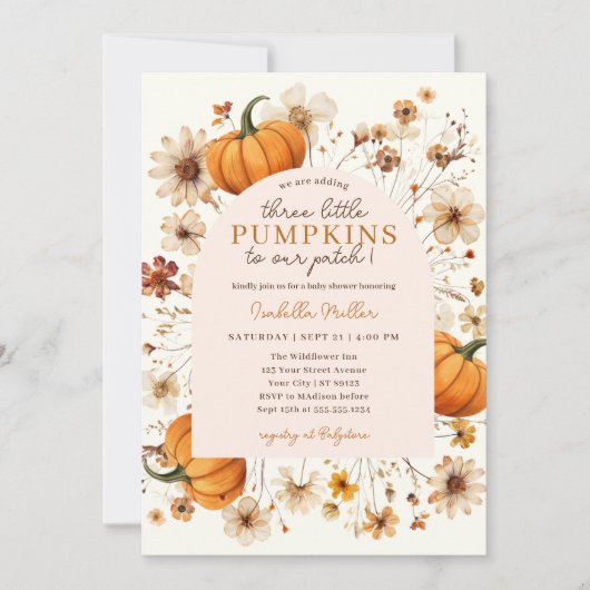 Eine kleine Pumpkin Fall Floral Triplets Baby Dusc Einladung (Vorderseite)