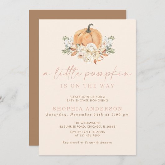 Eine kleine Pumpkin Fall Pink Girl Babydusche Einladung (Vorne/Hinten)
