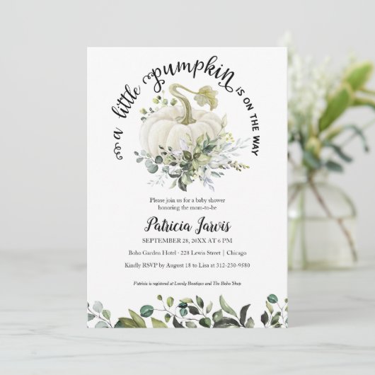 Eine kleine Pumpkin Greenery Baby Dusche Einladung (Stehend Vorderseite)