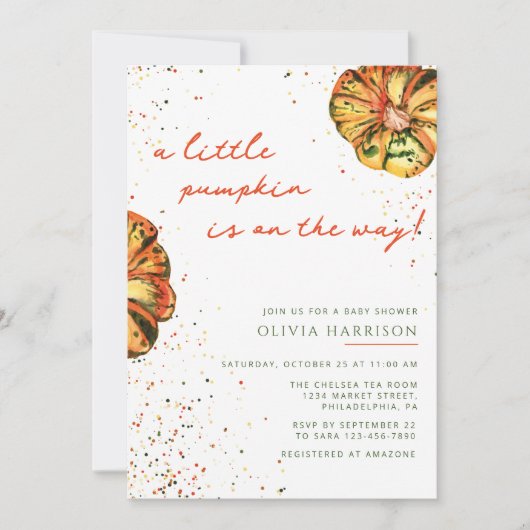 Eine kleine Pumpkin Herbst Babydusche Einladung (Vorderseite)