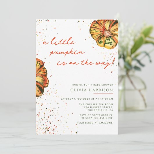 Eine kleine Pumpkin Herbst Babydusche Einladung (Stehend Vorderseite)