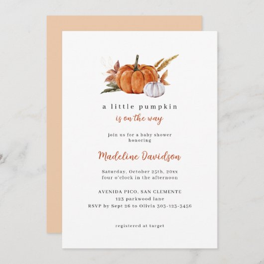 Eine kleine Pumpkin Herbst Herbstdusche Einladung (Vorne/Hinten)