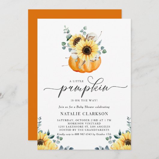 Eine kleine Pumpkin Rustic Sonnenblumenbeutel Baby Einladung (Vorne/Hinten)