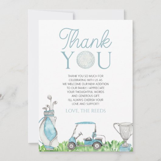 Eine kleine Putter Blue Golf Baby Dusche Dankeskarte (Vorderseite)