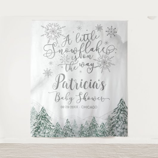 Eine kleine Schneeflocke, graue Babydusche im Hint Wandteppich (Vorderseite)