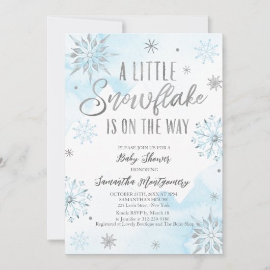 Eine kleine Schneeflocke ist auf dem Weg zum Baby- Einladung (Vorderseite)