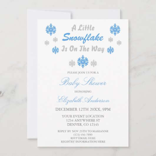 Eine kleine Schneeflocke ist auf dem Weg zur Babyd Einladung (Vorderseite)