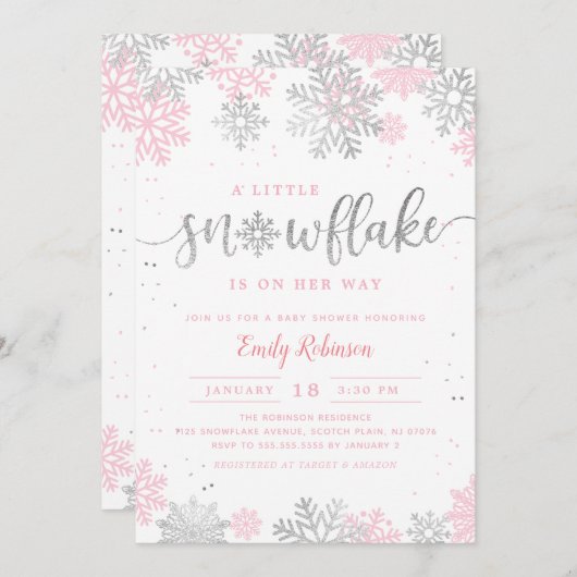Eine kleine Schneeflocke Silver Pink Winter Baby D Einladung (Vorne/Hinten)