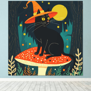 Eine kleine schwarze Hexenkatze sitzt auf einem Fl Leinwanddruck
