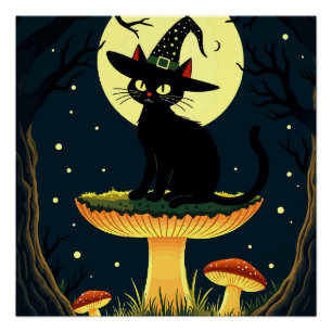 Eine kleine schwarze Hexenkatze sitzt auf einem Fl Poster