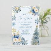 Eine kleine Snowflake Blue Winter Baby Dusche Einladung (Stehend Vorderseite)