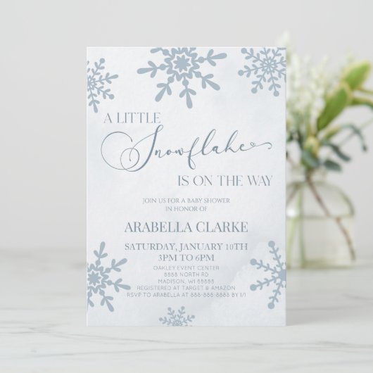 Eine kleine Snowflake Winter Wonderland Baby Dusch Einladung (Stehend Vorderseite)
