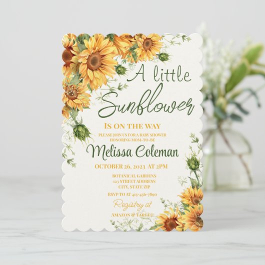 Eine kleine Sonnenblume ist auf dem Weg zur Babydu Einladung (Stehend Vorderseite)