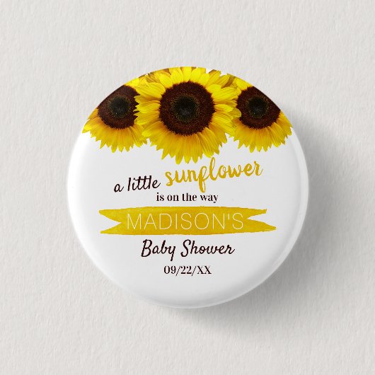 Eine kleine Sonnenblume ist unterwegs! Babyparty Button (Vorderseite)