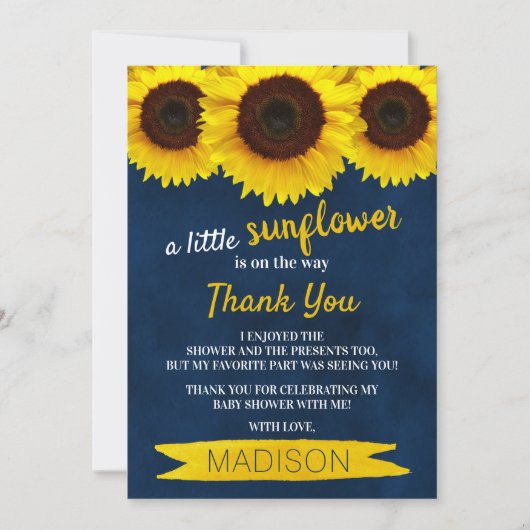 Eine kleine Sonnenblume ist unterwegs! Babyparty Dankeskarte (Vorderseite)