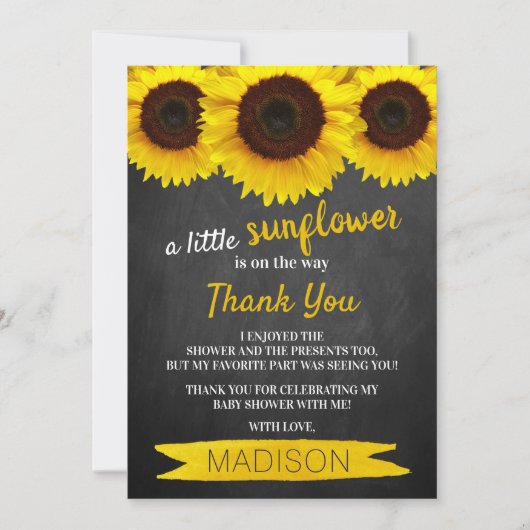 Eine kleine Sonnenblume ist unterwegs! Babyparty Dankeskarte (Vorderseite)