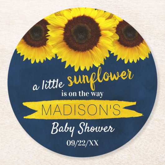 Eine kleine Sonnenblume ist unterwegs! Babyparty Runder Pappuntersetzer (Vorderseite)
