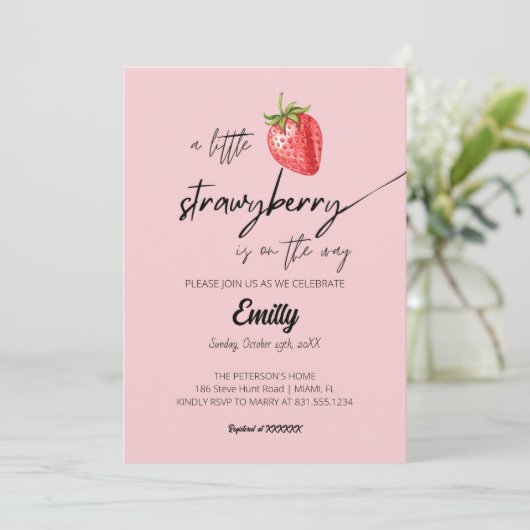 Eine kleine Strawberry Baby Dusche Einladung (Stehend Vorderseite)