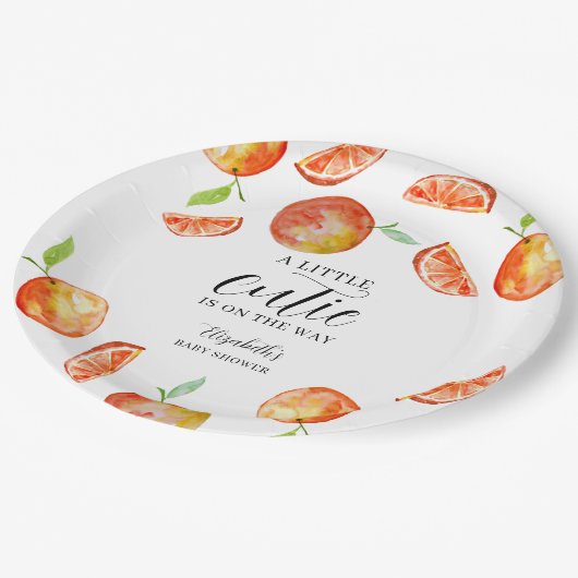 Eine kleine Süsse auf der Way Baby Dusche Orange Pappteller (Schrägansicht)