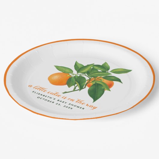 Eine kleine Süsse Baby Dusche Orange Citrus Blätte Pappteller (Schrägansicht)