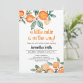 Eine kleine Süsse botanische Orangen Babydusche Einladung (Stehend Vorderseite)
