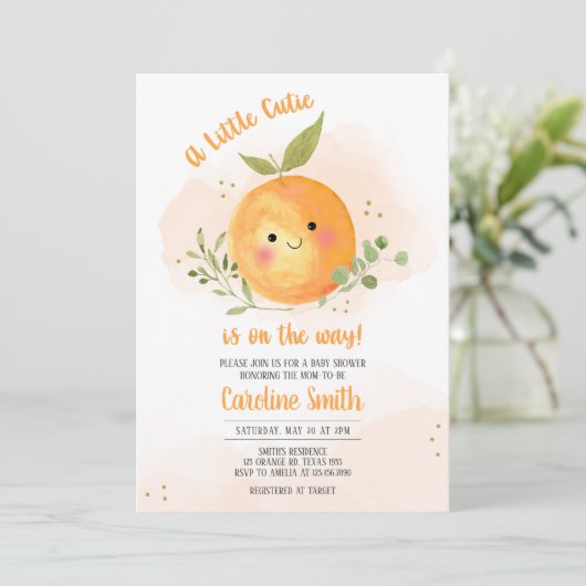 Eine kleine Süsse Citrus Orange Babydusche Einladung (Stehend Vorderseite)