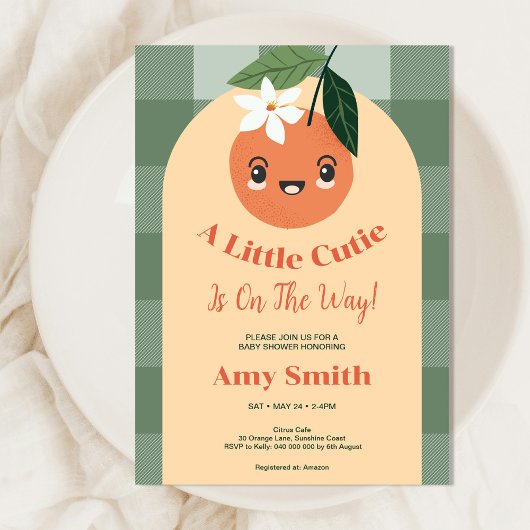 Eine kleine Süsse Citrus Orange Gingham Baby Dusch Einladung