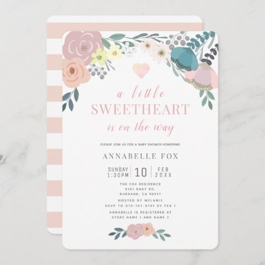 Eine kleine, süße, florale Valentine-Babydusche Einladung (Vorne/Hinten)