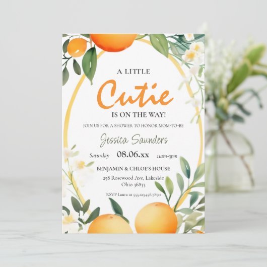 Eine kleine Süsse ist auf dem Weg zur Citrus Baby Einladung (Stehend Vorderseite)