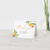 Eine kleine Süsse ist unterwegs mit einer orangefa Dankeskarte (Vorderseite)