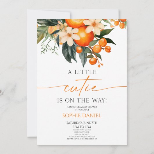 Eine kleine Süsse Orange Citrus Floral Baby Dusche Einladung (Vorderseite)