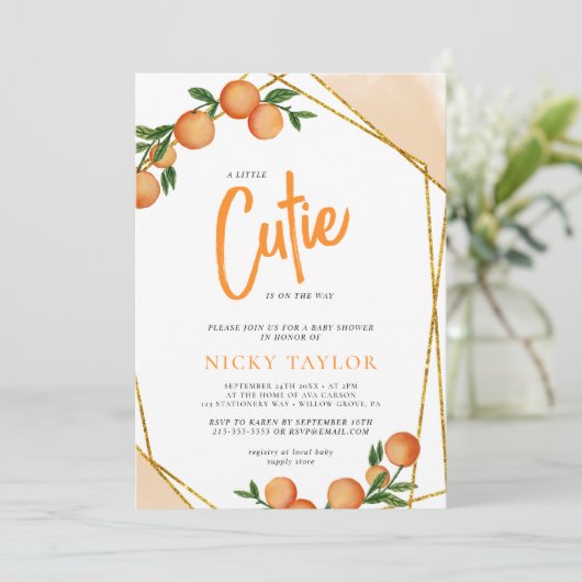 Eine kleine Süsse Orange Frame Citrus Baby Dusche Einladung (Stehend Vorderseite)
