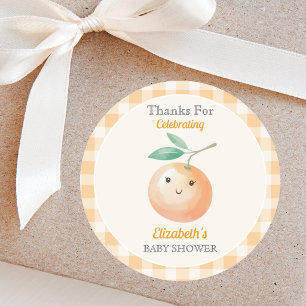 Eine kleine süße orange Gingham-Zitrus-Baby-Party Runder Aufkleber