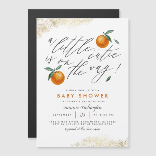 Eine kleine Süsse orange neutrale Babydusche Magneteinladung (Vorne/Hinten)