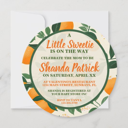 Eine kleine süße Orange Theme Babydusche Einladung (Vorderseite)