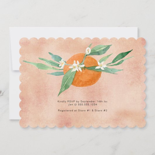 Eine kleine Süsse Orangen Wasserfarben Babydusche Einladung (Rückseite)