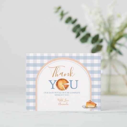 Eine kleine Süsse Pie First Birthday Blue Gingham Dankeskarte (Stehend Vorderseite)