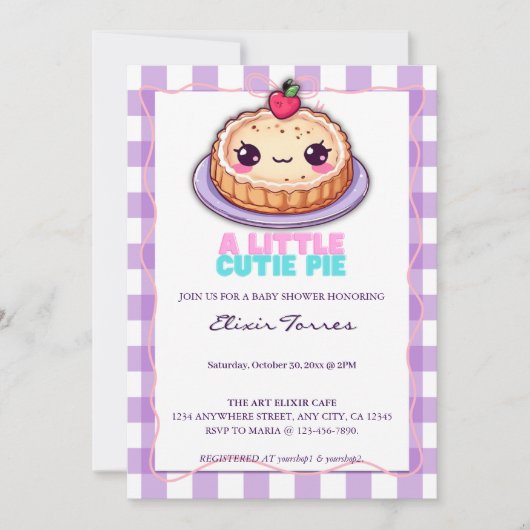 Eine kleine Süsse Pie Kawaii Lila Karierte Babydus Einladung (Vorderseite)