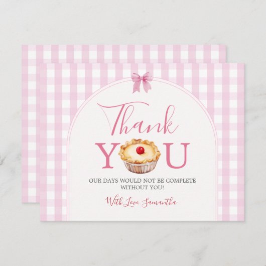 Eine kleine Süsse Pie Pink Gingham Baby Dusche Dankeskarte (Vorne/Hinten)