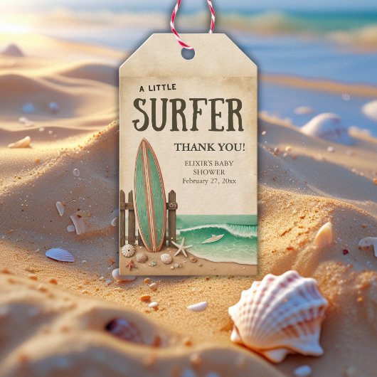 Eine kleine Vintage Babydusche für Surfer Geschenkanhänger