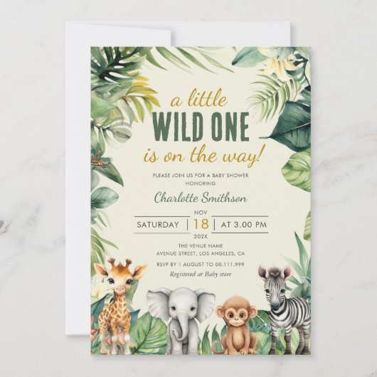 Eine kleine Wild One Safari Animals Kinderdusche Einladung (Vorderseite)